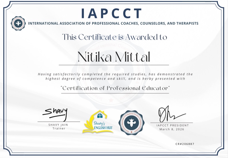 Certified Teacher Training Course completion certificate